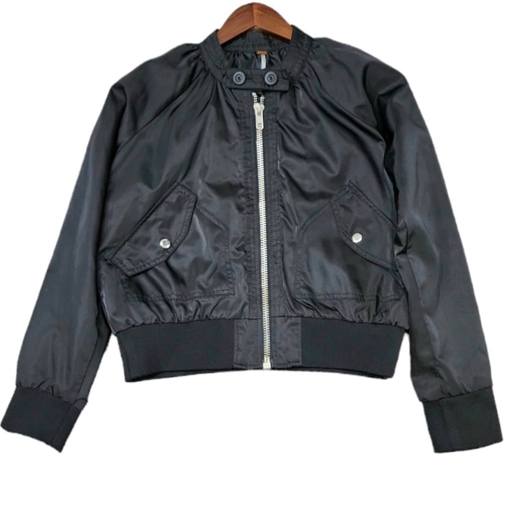 FREE PEOPLE Black Midnight Satin Full Zip Oversized Bomber Jacket L - Picture 15 of 16